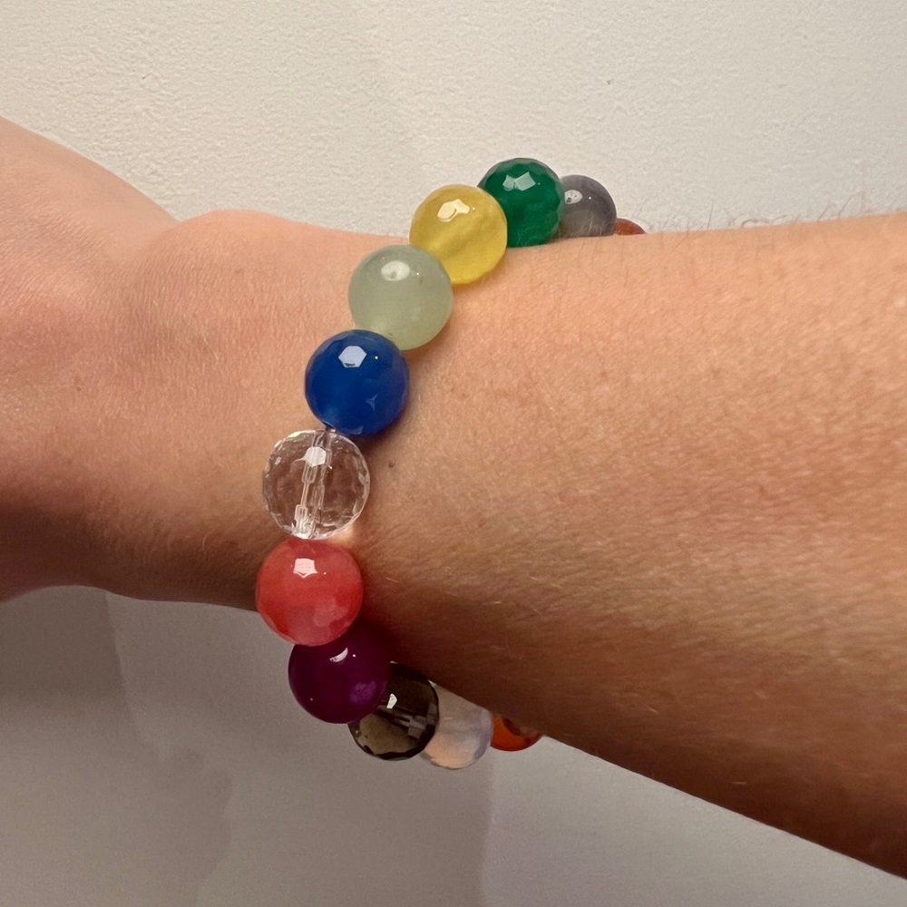 Semiprecious gemstone rainbow round bead chunky bauble beaded stacking bracelet - Picture 12 of 17